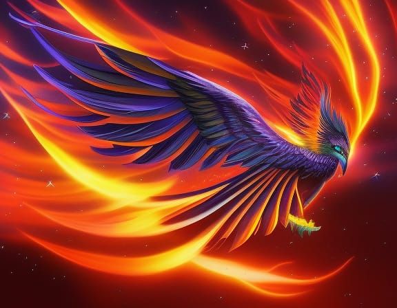 Bioluminescent Phoenix Rising in Blazing Flames