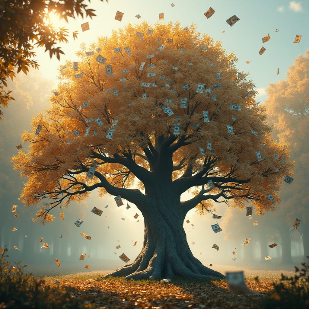 Majestic Money Tree in Autumn Breeze: Fantasy Concept Art