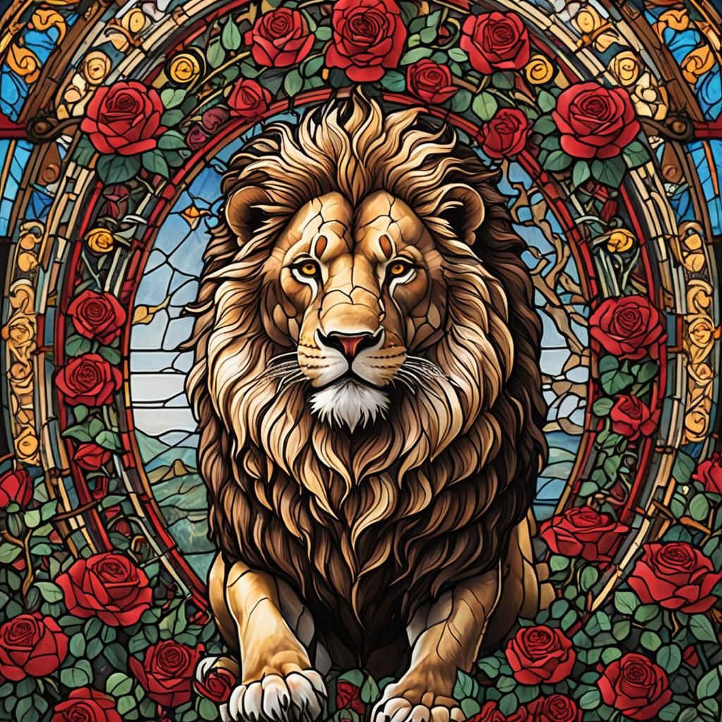 Stained Glass Aslan Surrounded by Roses