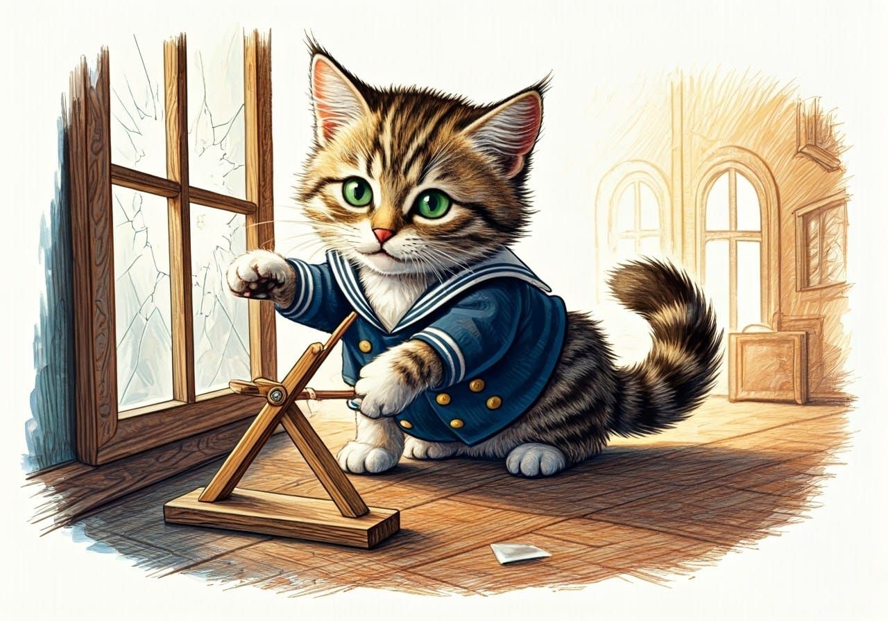 Whimsical Tabby Kitten in Sailor Suit Prepares to Launch Cat...