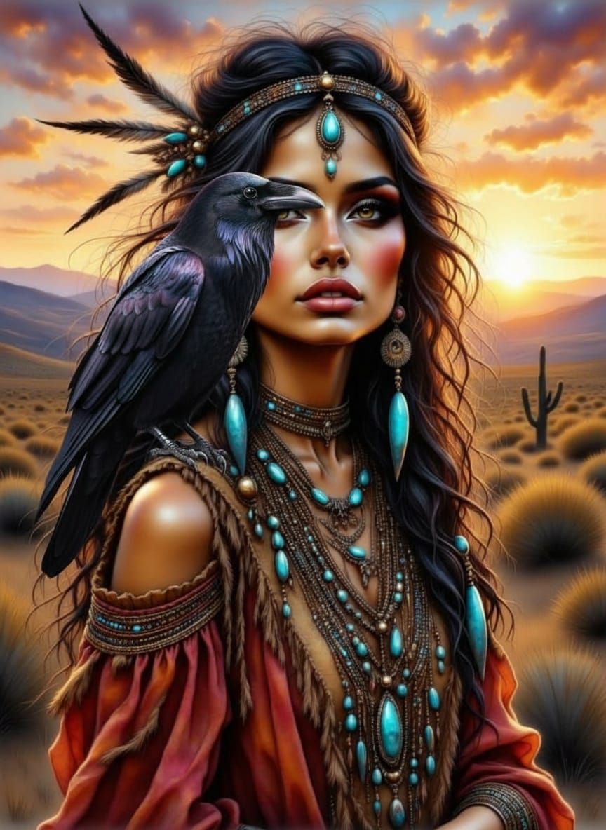 Native American Woman in Bohemian Style with Turquoise Jewel...