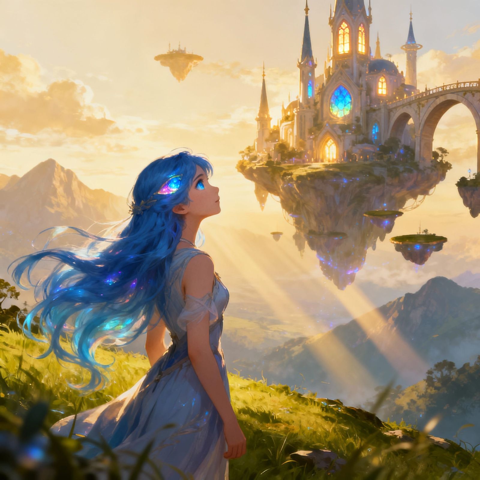 Young Woman Gazes at Floating City in Sky