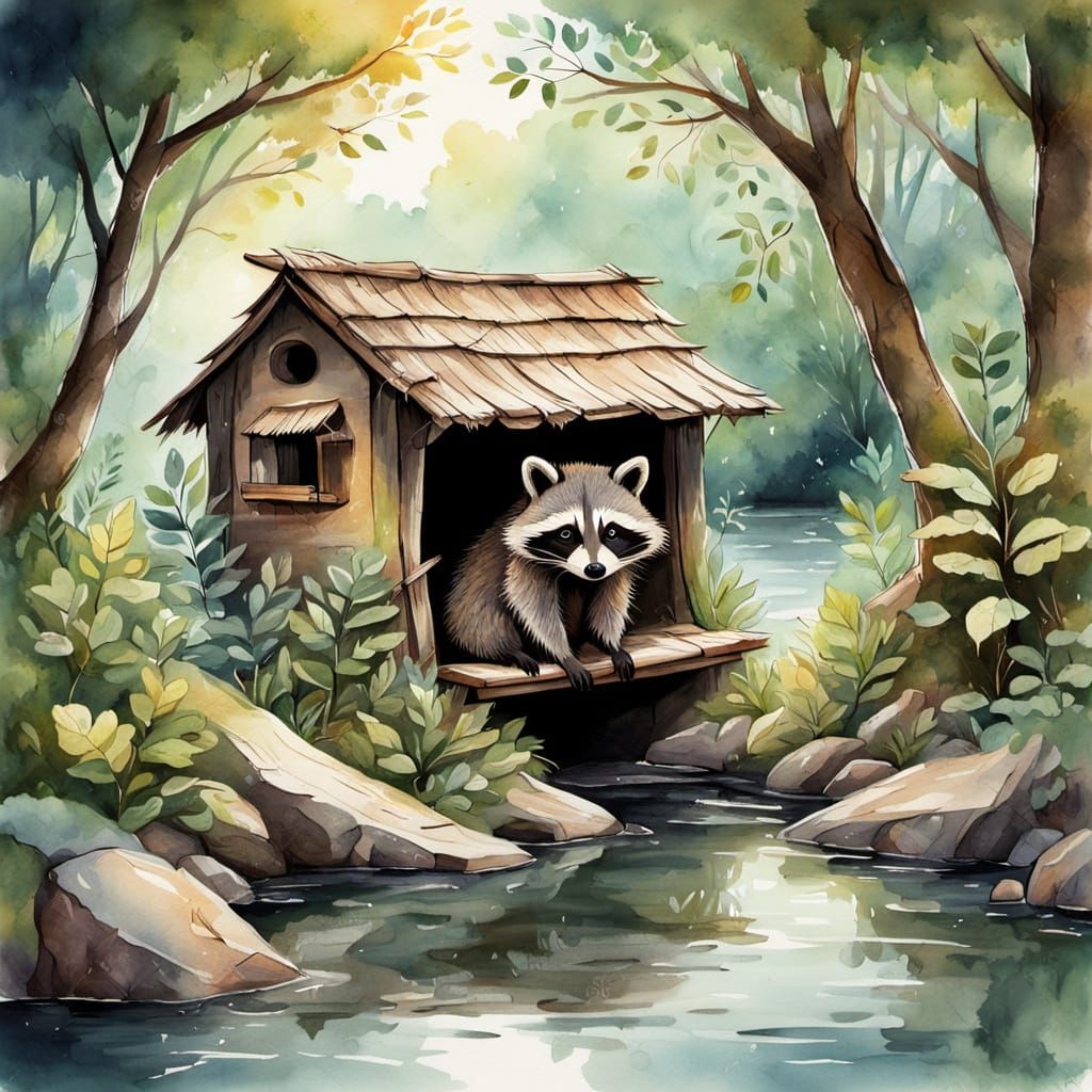 Cozy Raccoon Hut by the River: Watercolor