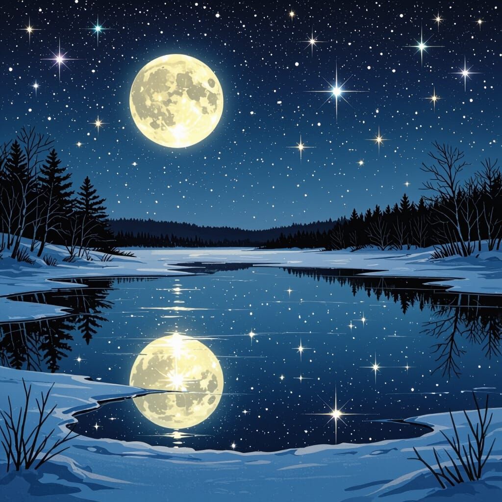 Magical Winter Night Sky Reflected in Frozen Lake