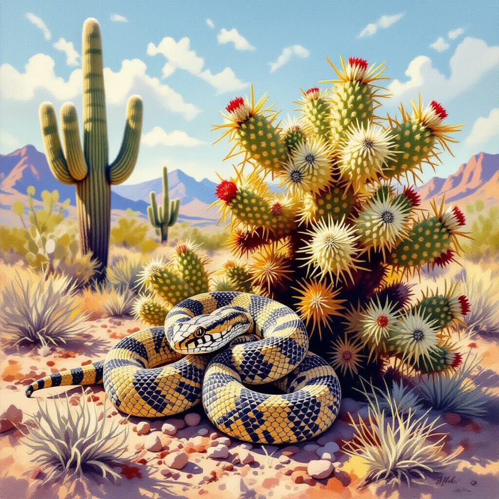 Sfumato and gouache rattlesnake cooling itself beneath a spiky furry cholla cactus in the Sonoran Desert.