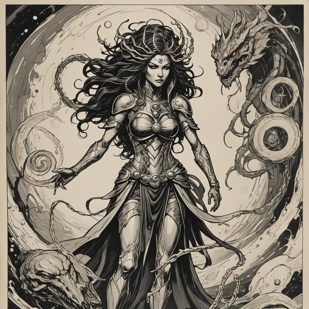 Surreal Mythological Scene with Ophion and Eurynome