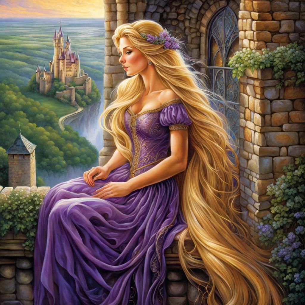 Rapunzel in Tower with Long Golden Hair