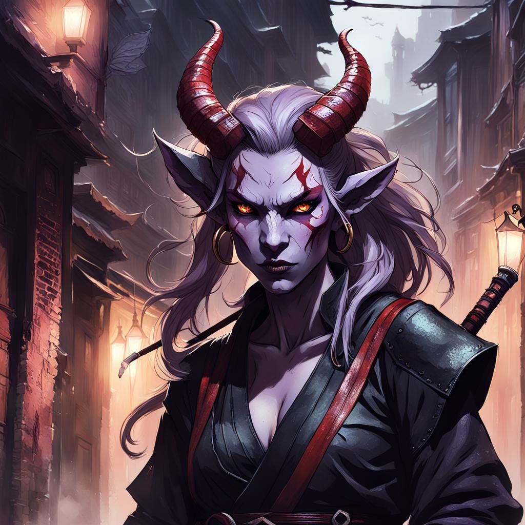 Tiefling Warrior with Katana in Dark Fantasy Style