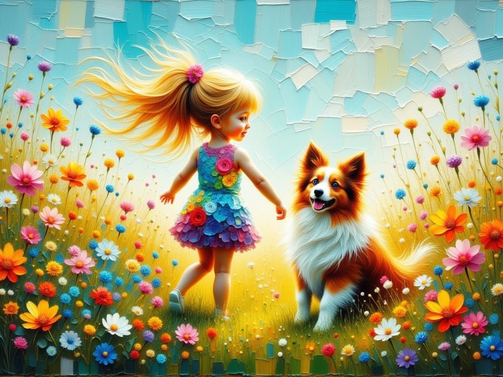 Girl and Dog Play in Floral Meadow, Impasto Oil