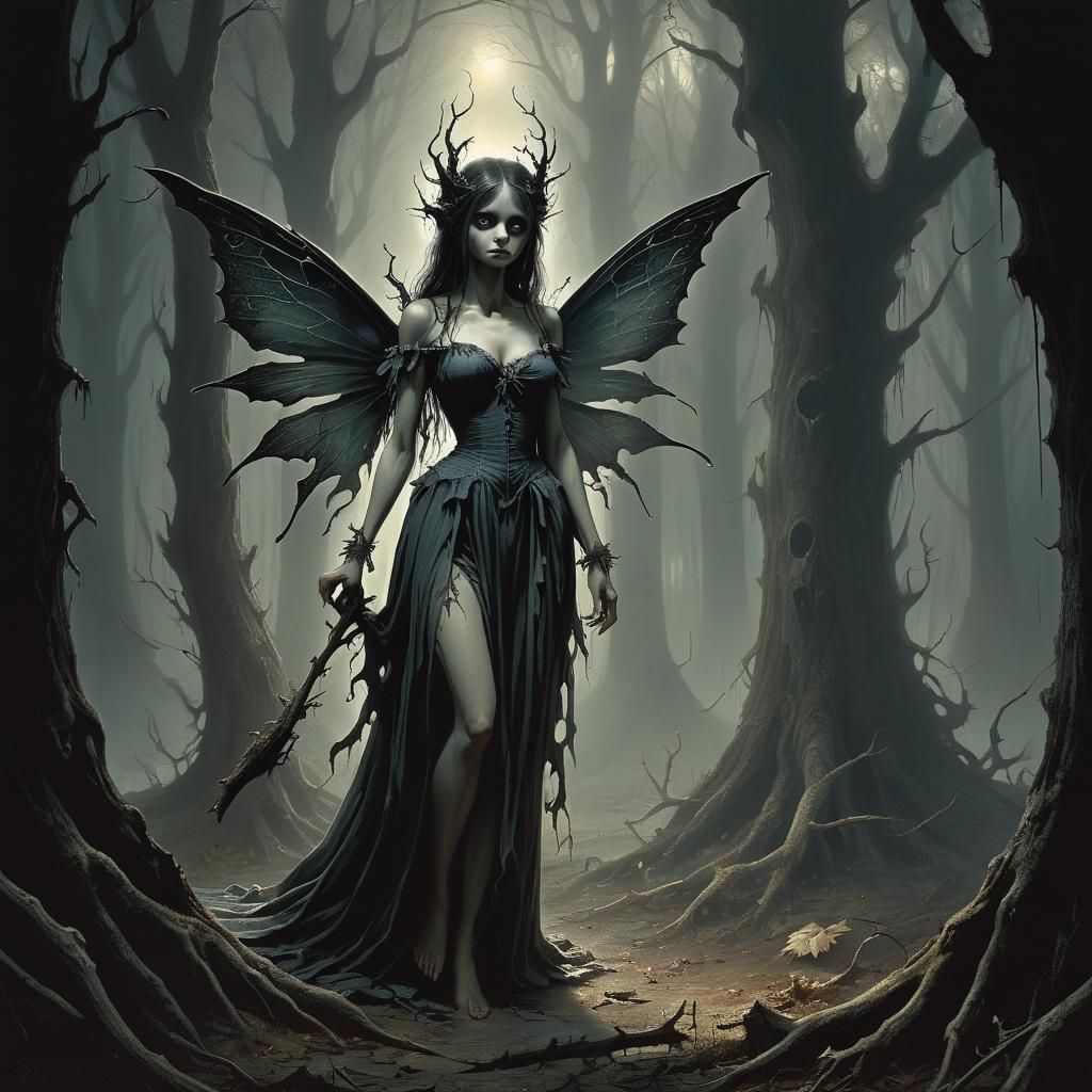 Mysterious Dark Fairy in a Haunted Forest Landscape