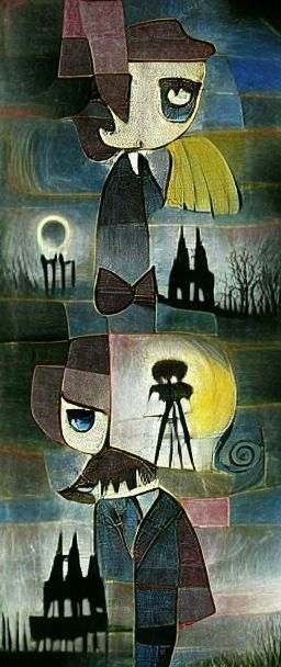Chibi Character in Dark Film Noir Cityscape
