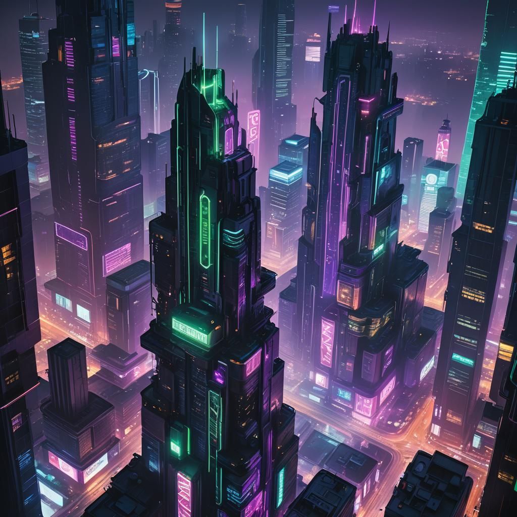 Cyberpunk Skyscraper Towers Over Neon Cityscape