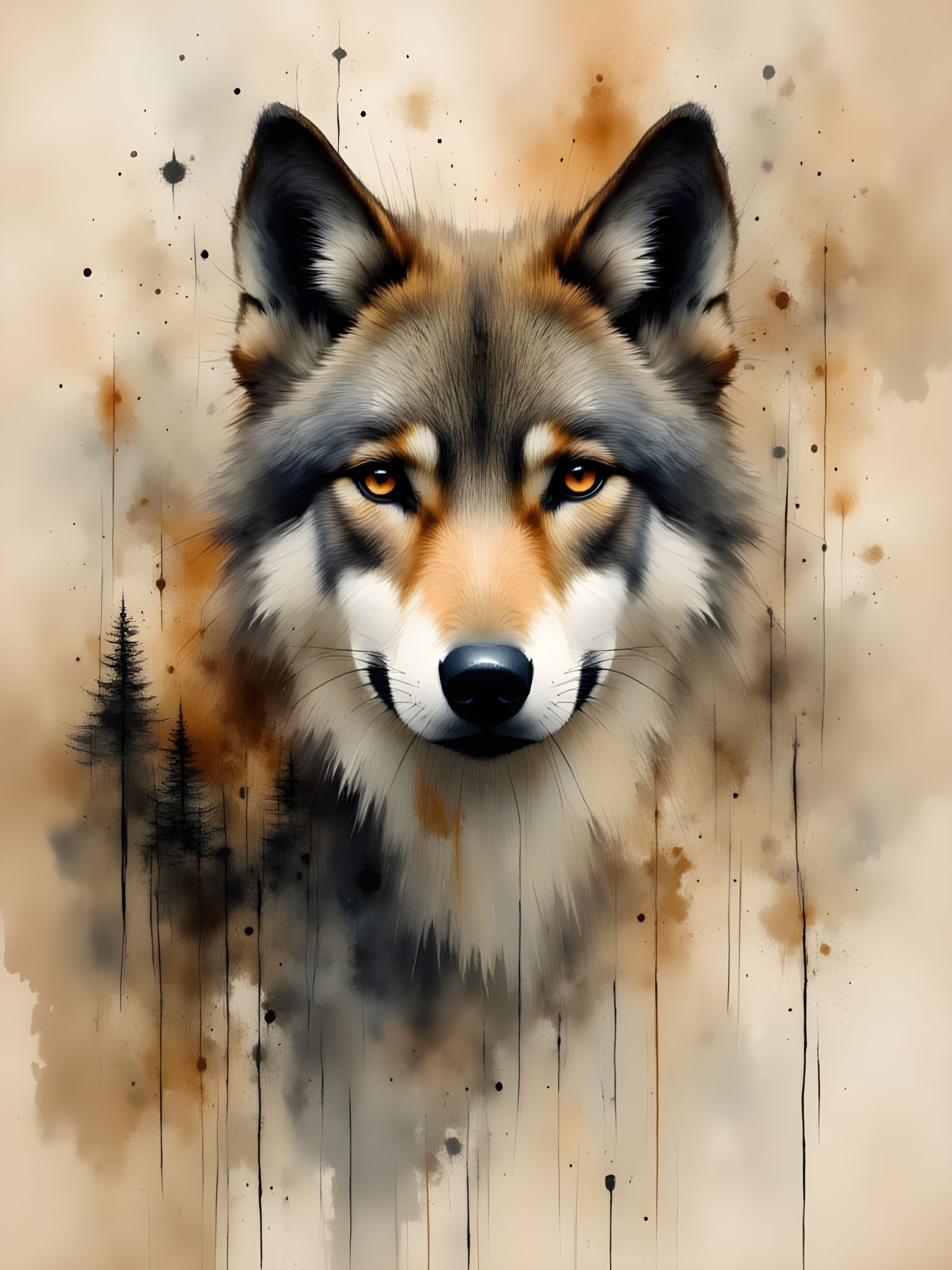 Wolf Portrait in Double Exposure Landscape