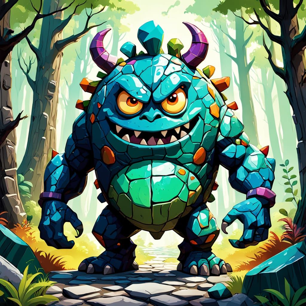 Whimsical Cartoon Monster in a Lush Forest