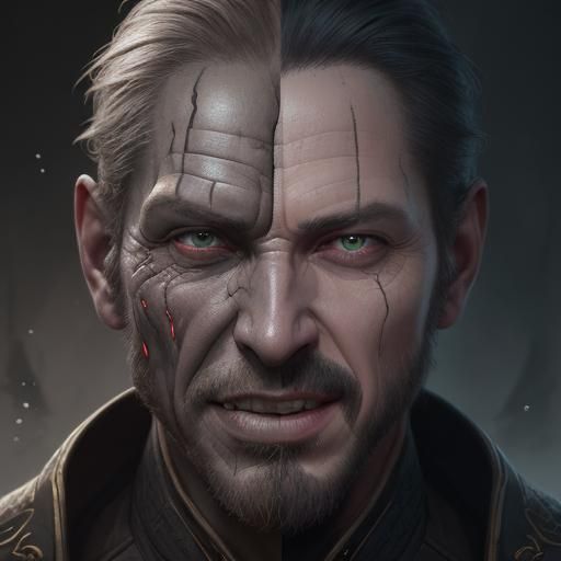 a man's face, split down the middle, one half is good and joyful, the other half is evil and menacing. showing the duali...