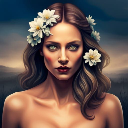 Creepy Female Zombie with Flowers: Digital Art