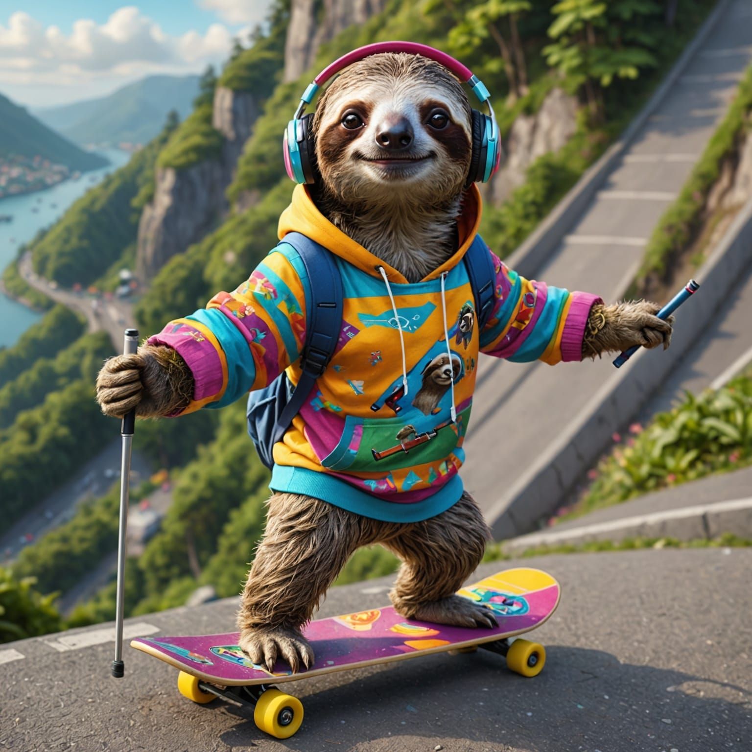 Sloth Skateboarder in Splash Art Style