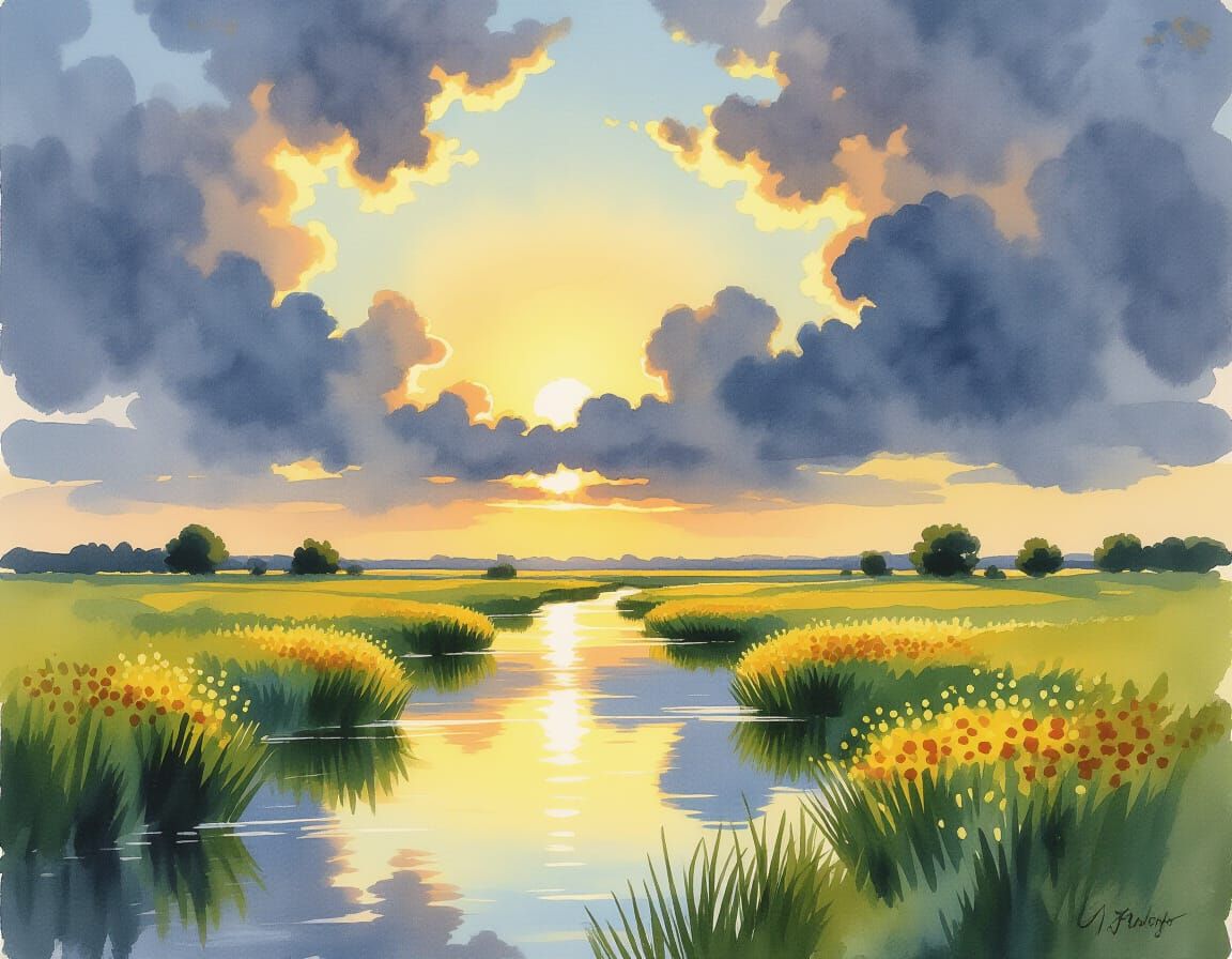 Dramatic Sky Over Golden Landscape as Watercolor Painting