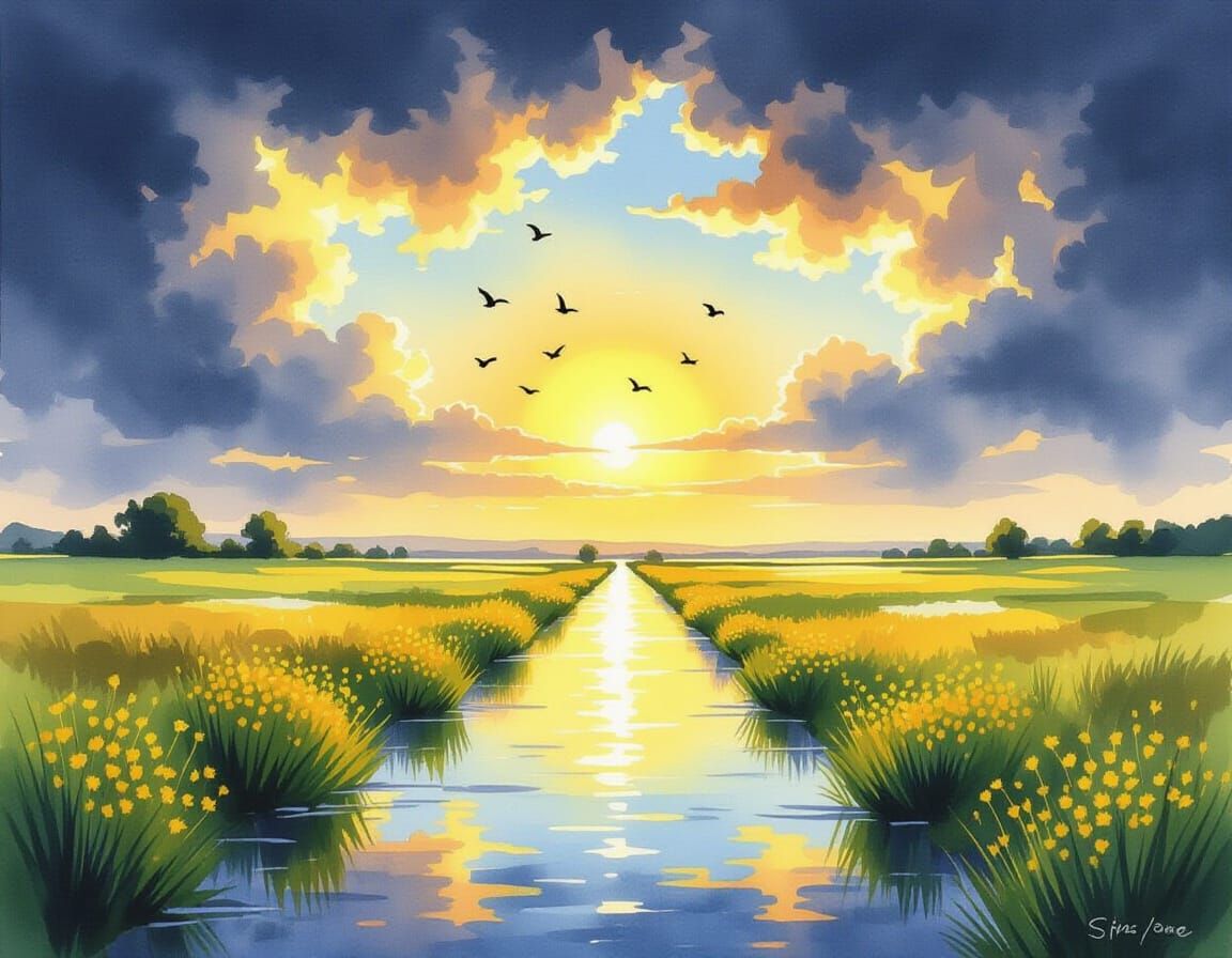 Watercolor Landscape with Path and Gathering Storm Clouds