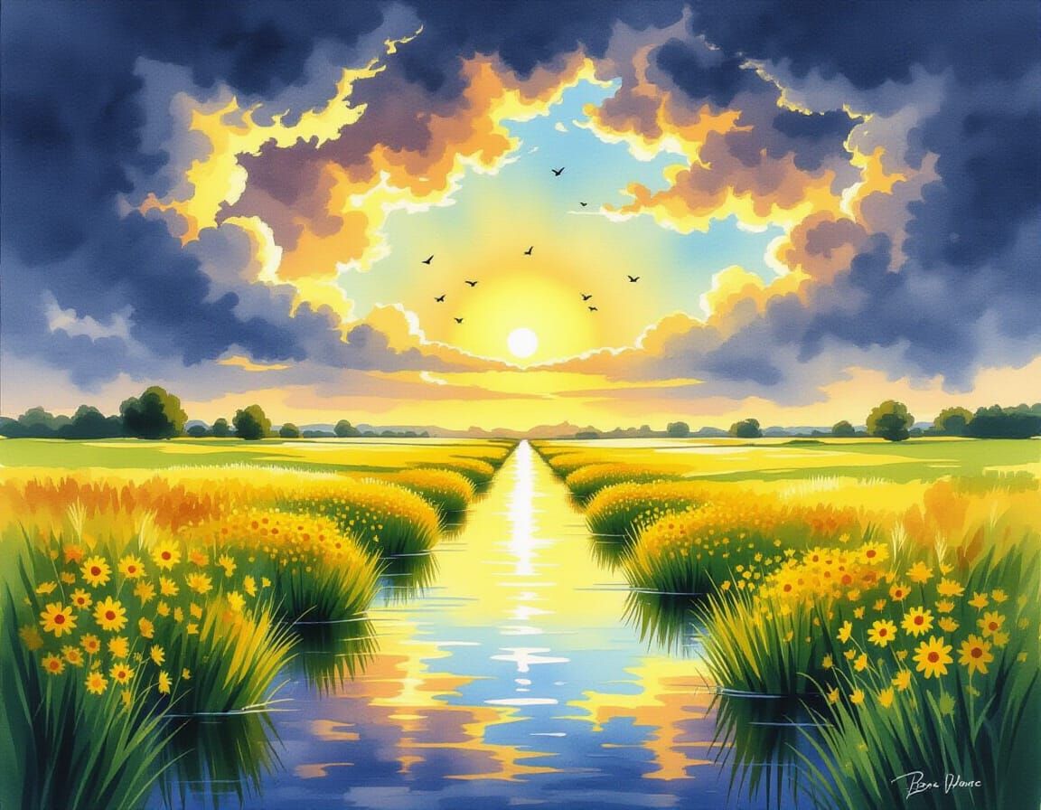 Watercolor Landscape with Ominous Clouds and Golden Sunlight