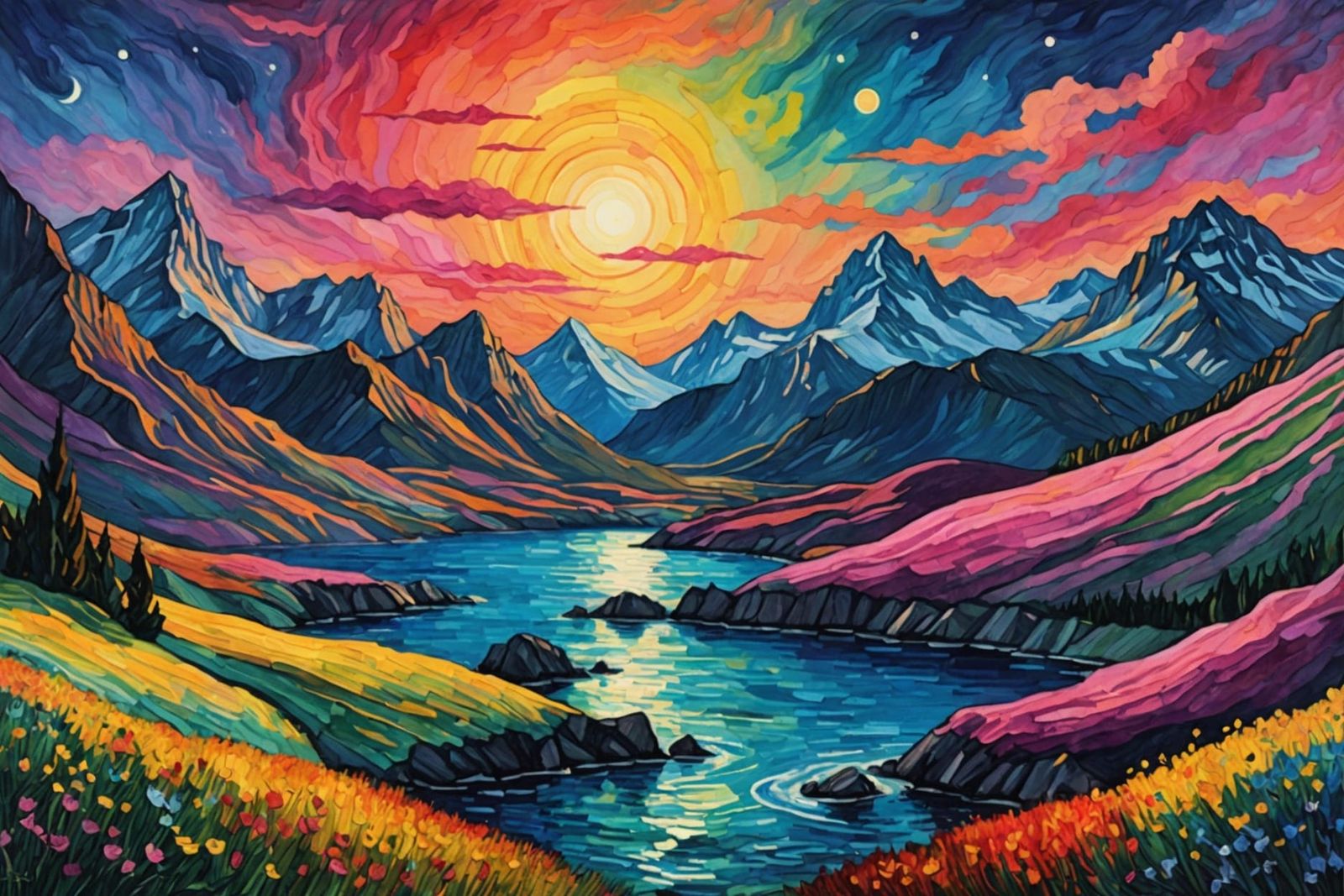 Pink Mountains Under Gothic Starry Sky Watercolor