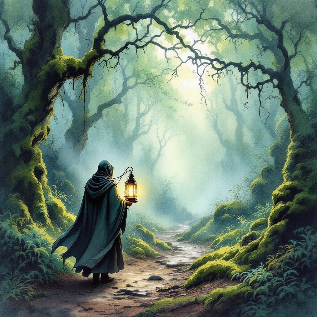 Traveler with Glowing Lantern in Ancient Forest, Watercolor ...
