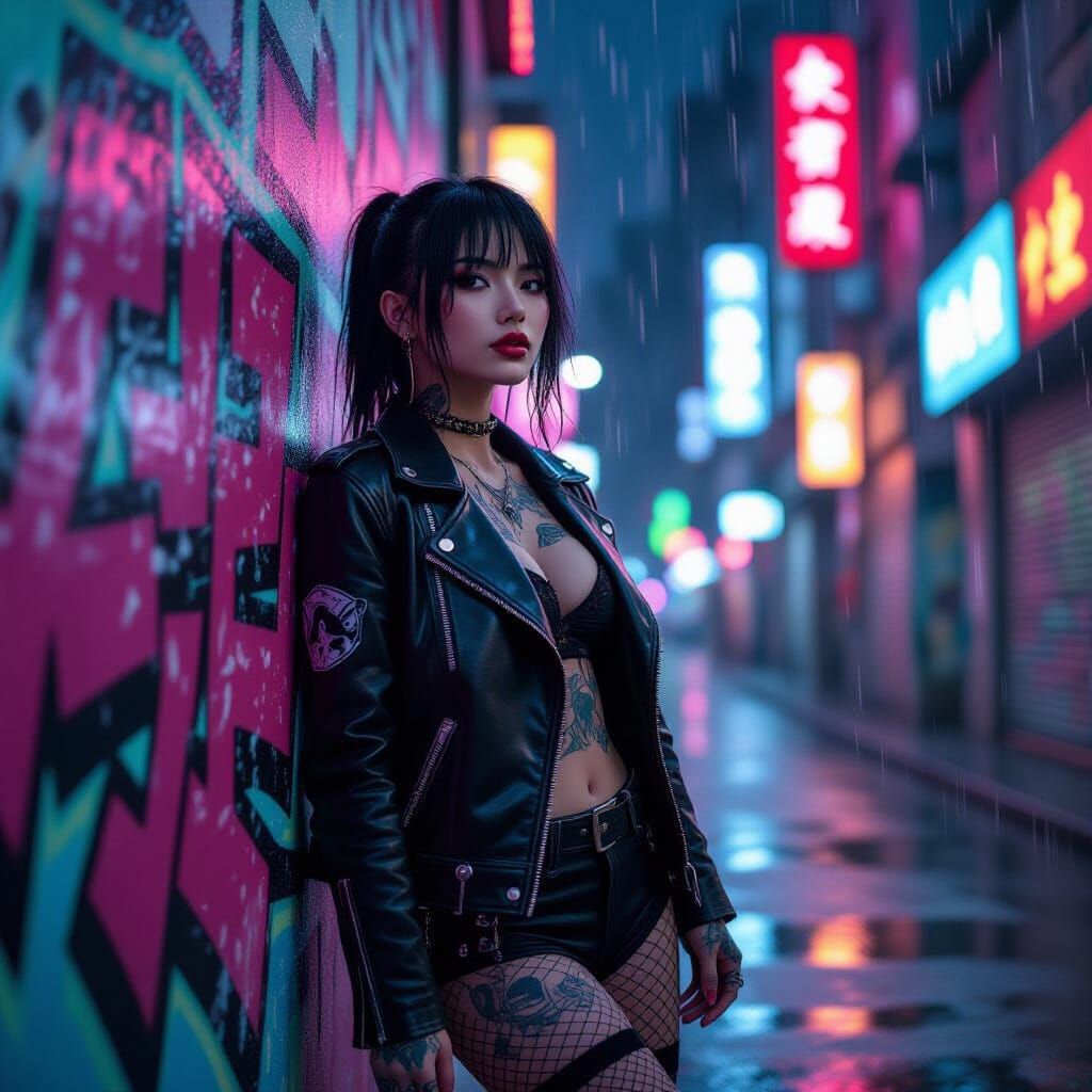 Rebellious Woman in Urban Rain, Asian Art Style