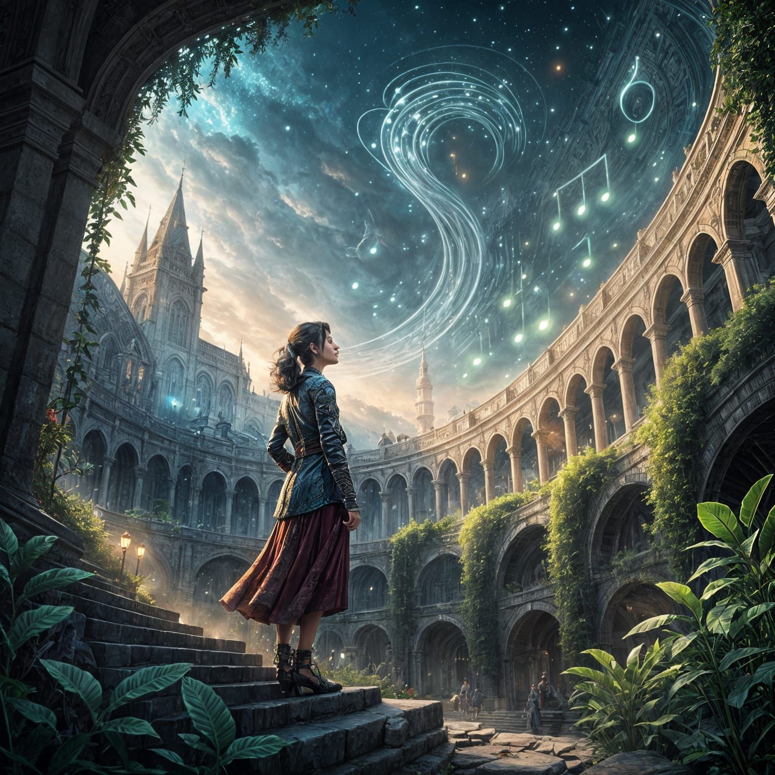 Epic Starry Night Scene with Majestic Amphitheater and Shimm...