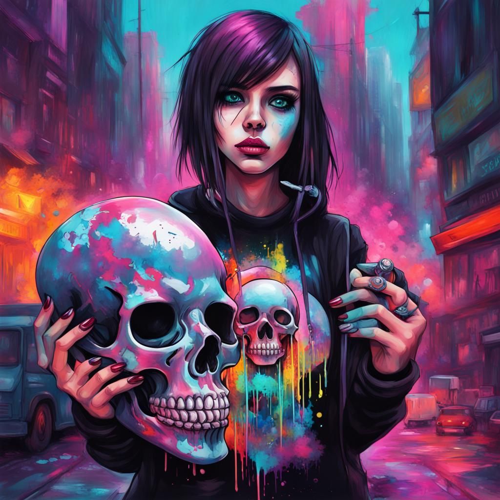 Cute Emo girl wearing a cute Emo girl revealing outfit holding a gothic skull in her hand background in a neon cityscape
