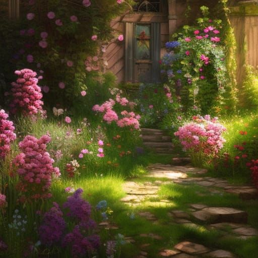 Hyperdetailed Cottage Garden Painting with Swirling Ornament...