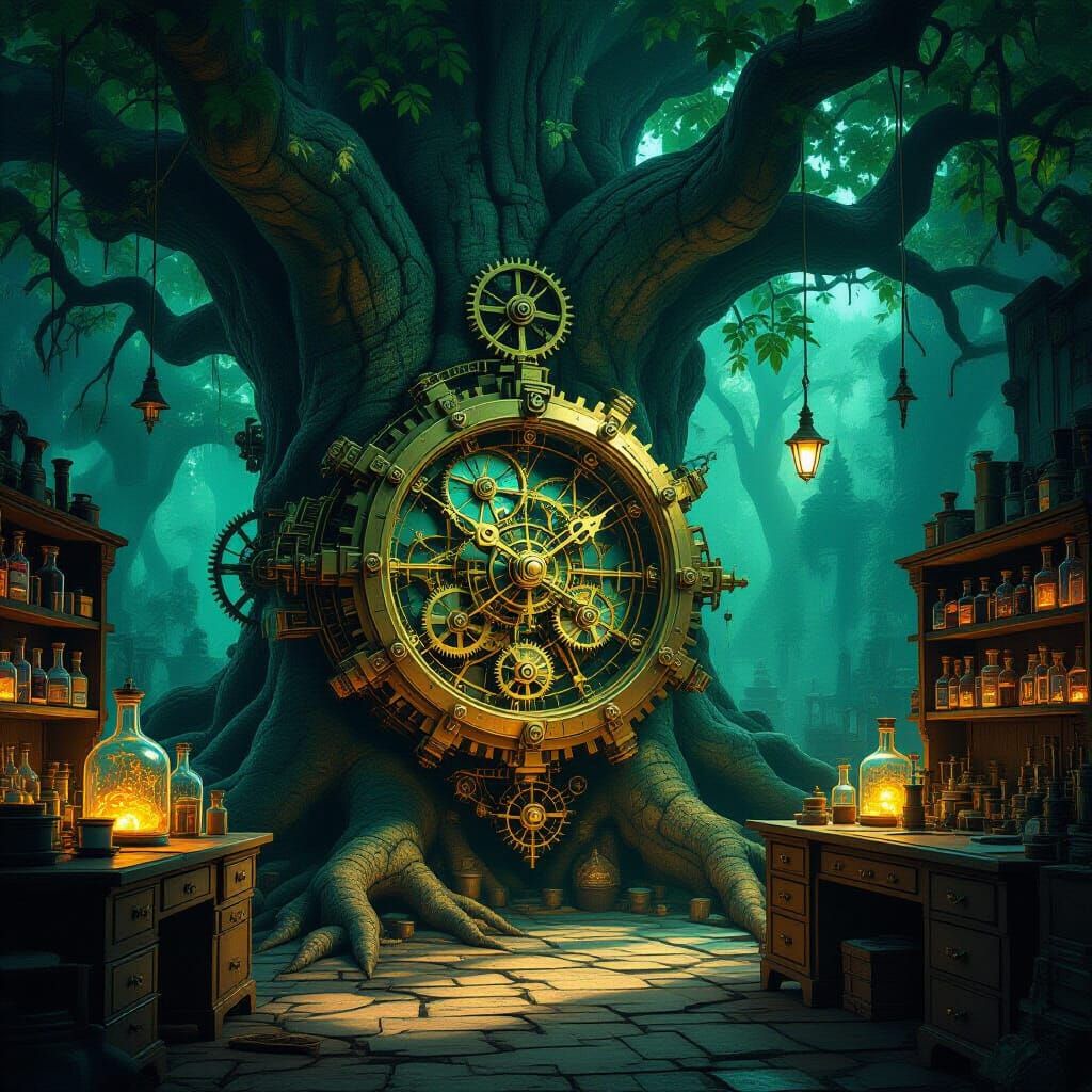 Steampunk Clockwork Lab Inside Ancient Tree