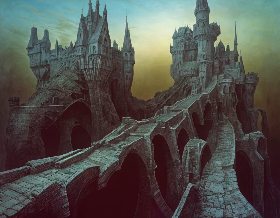 Surreal Castle Landscape in Dark, Twisted Style