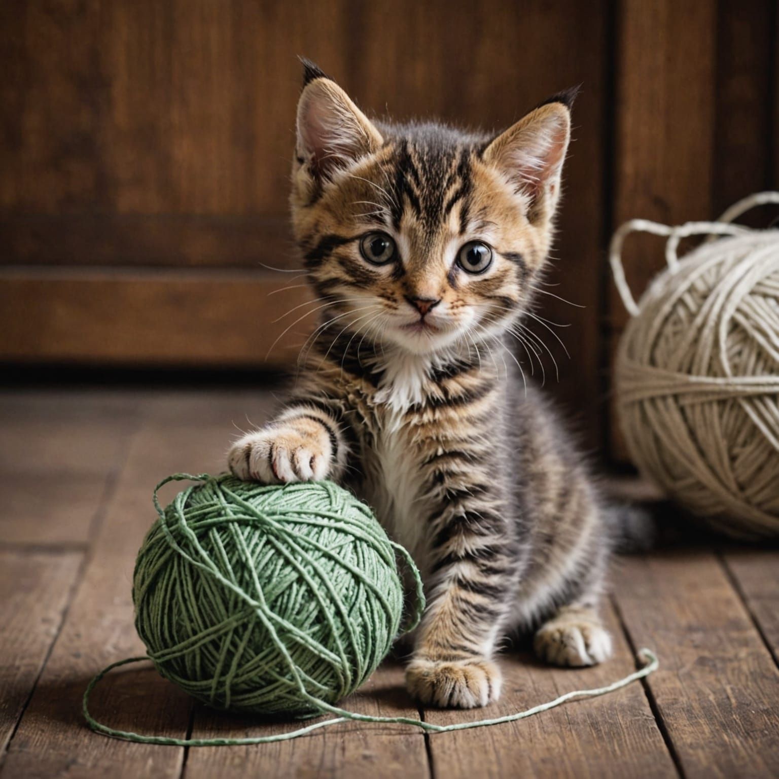 Adorable Kitten Playing with Yarn Ball