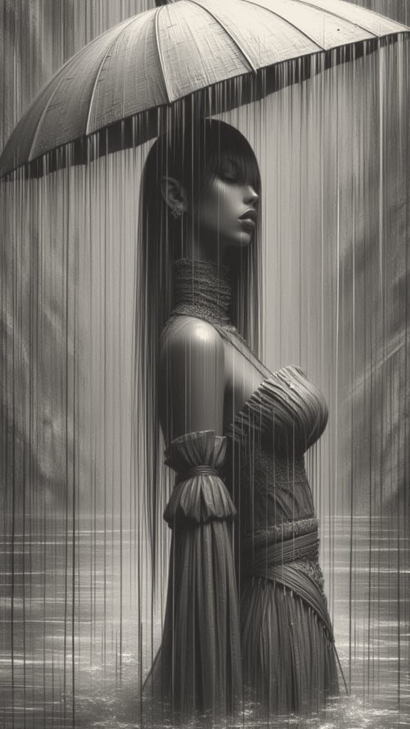 Elegant Woman in Silver Raincoat, Moody Atmosphere