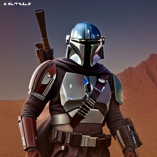 Hyperrealistic Mandalorian in Desert Landscape: Digital Matt...