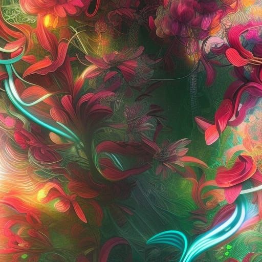 Glowing Neon Flowers in Japanese Art Style