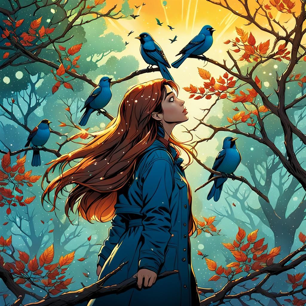 Girl Gazing at Tree Birds in Comic Book Style