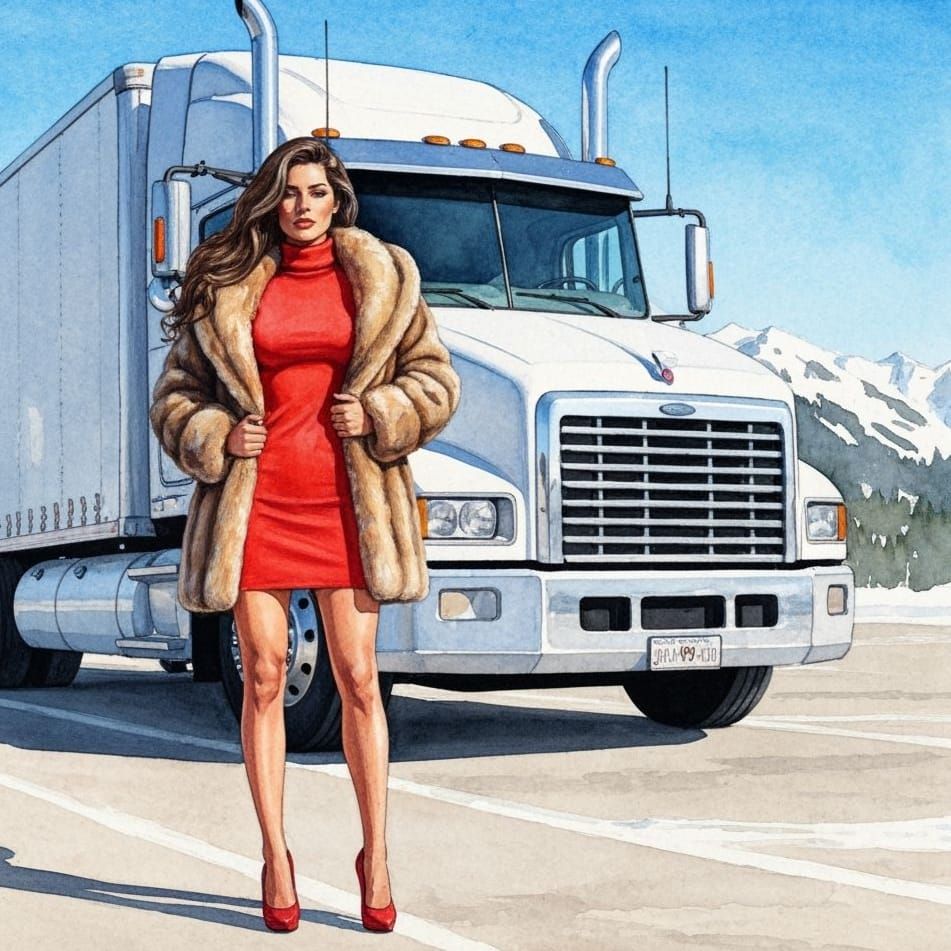 Impressionist Watercolor of Woman at Snowy Truck Stop