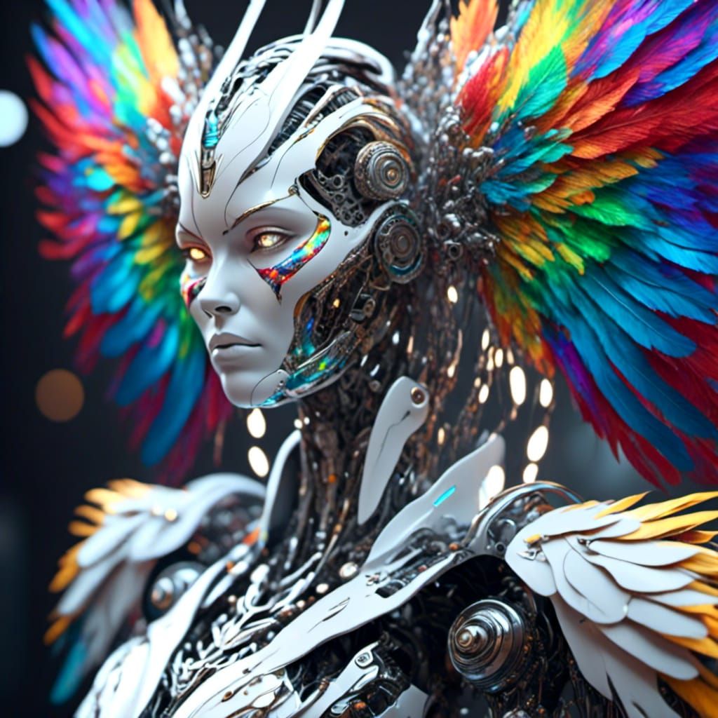 Female Robot with Rainbow Angel Wings in Hyperrealism