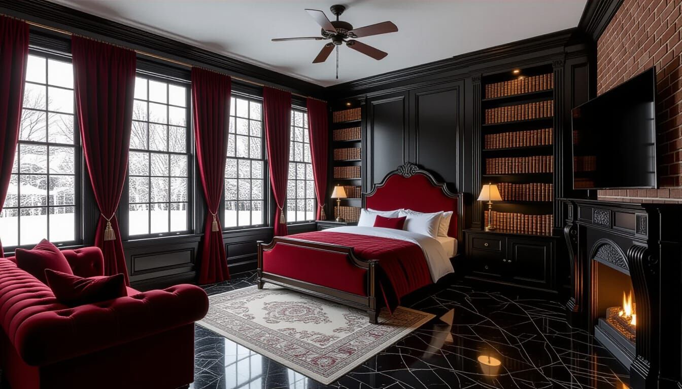 Opulent Victorian Bedroom with Snowy Landscape