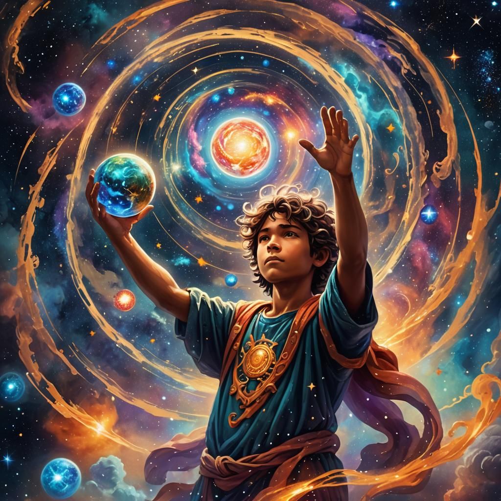 Demigod Child Unites Stars in Cosmic Fantasy Art