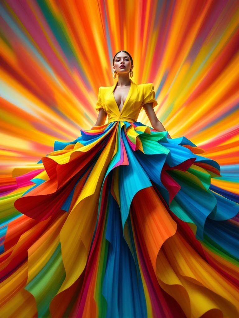 Futuristic Woman in Rainbow Whirlwind of Color