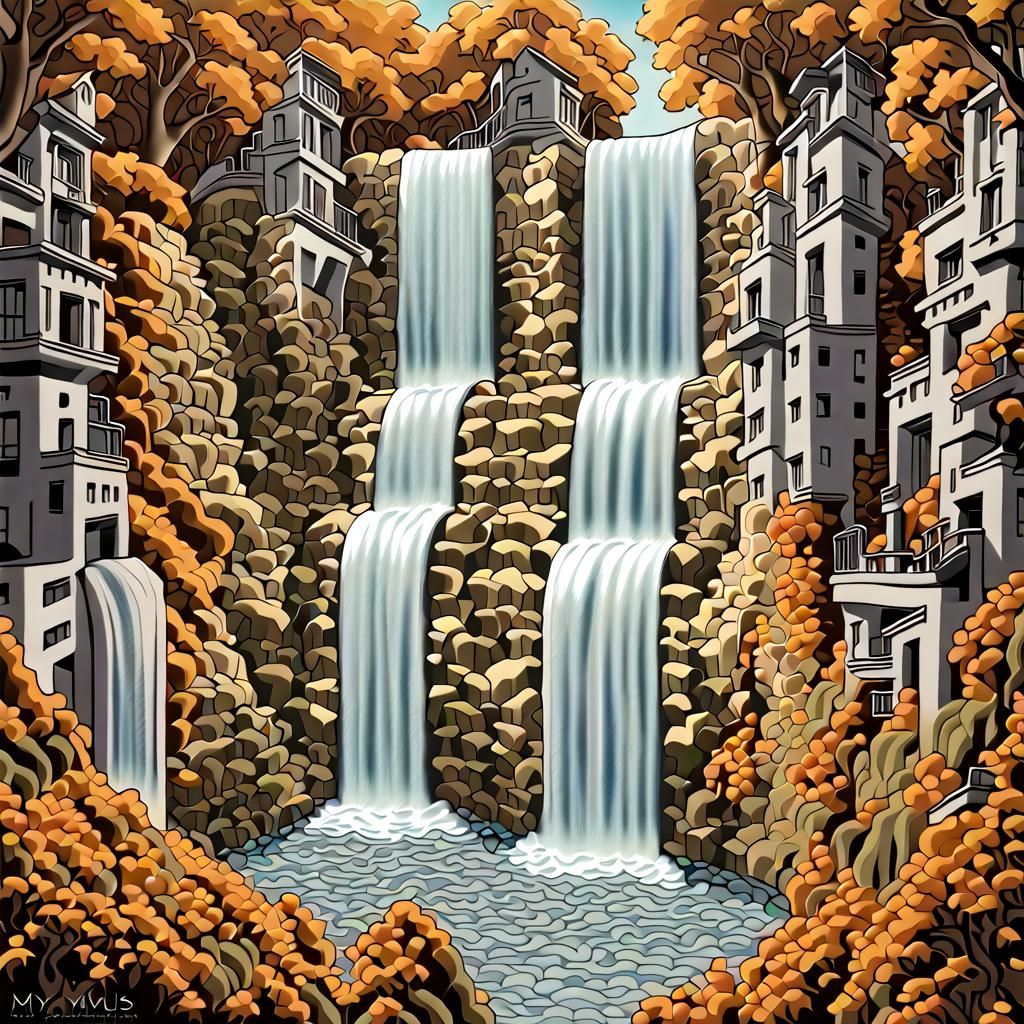 Escher-Inspired Op-Art Lithograph with 3D Effects