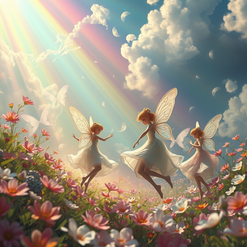 Whimsical Fairies Dance Amidst Vibrant Floral Landscape in a...