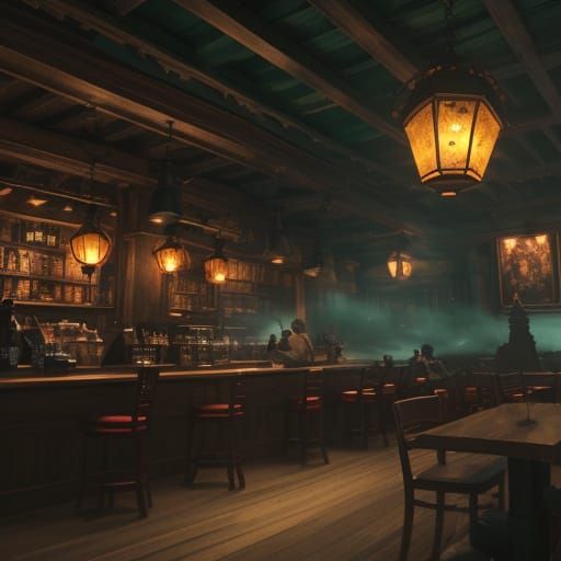Cozy Fantasy Coffeeshop in Rich Wood Tones