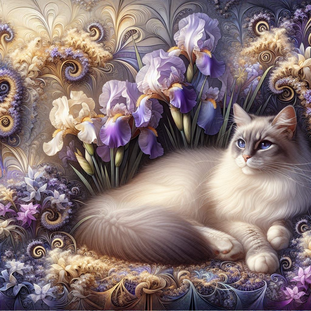 Cat in Lavender Garden with Delicate Fractal Patterns