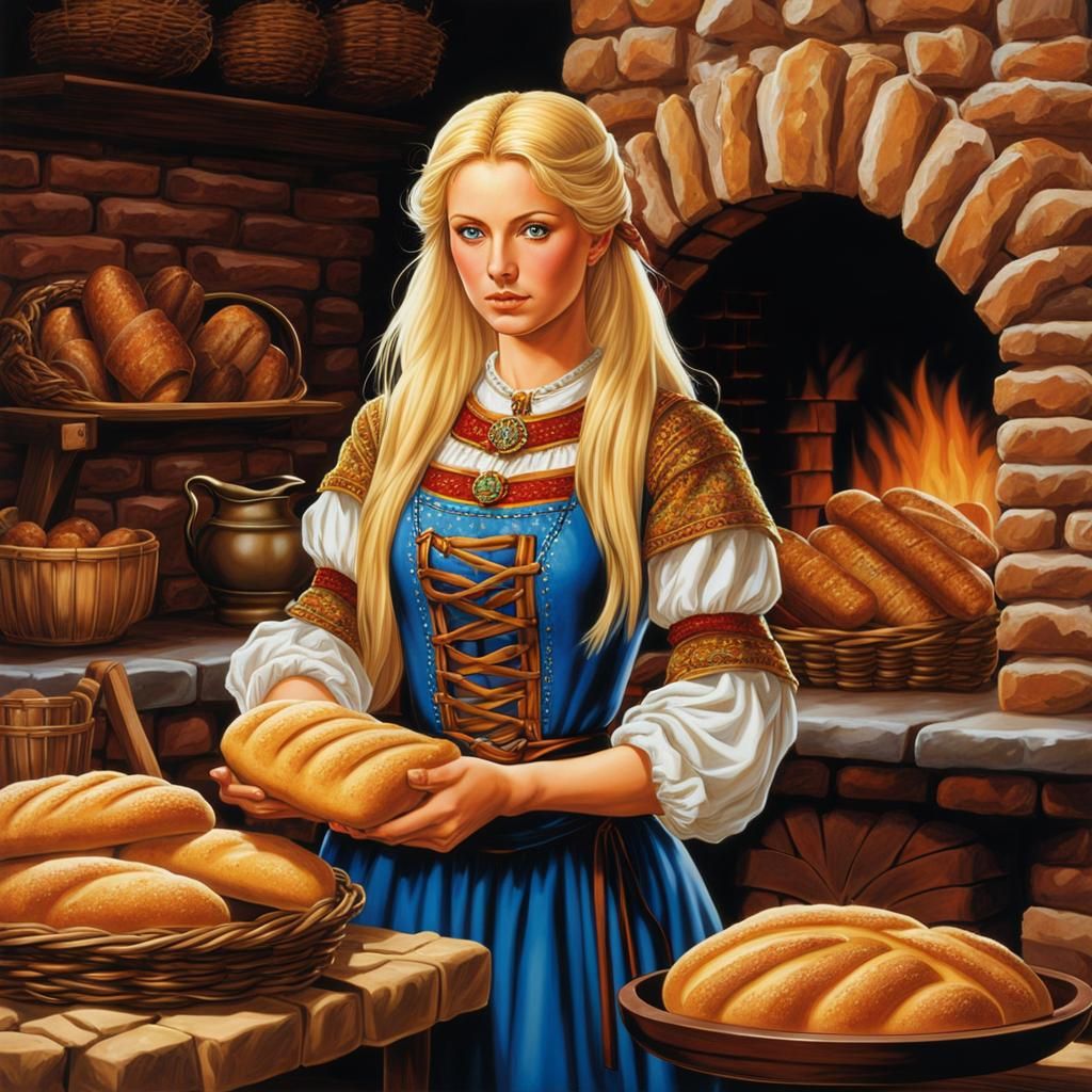 Blond Woman with Bread in Anime Style Kitchen