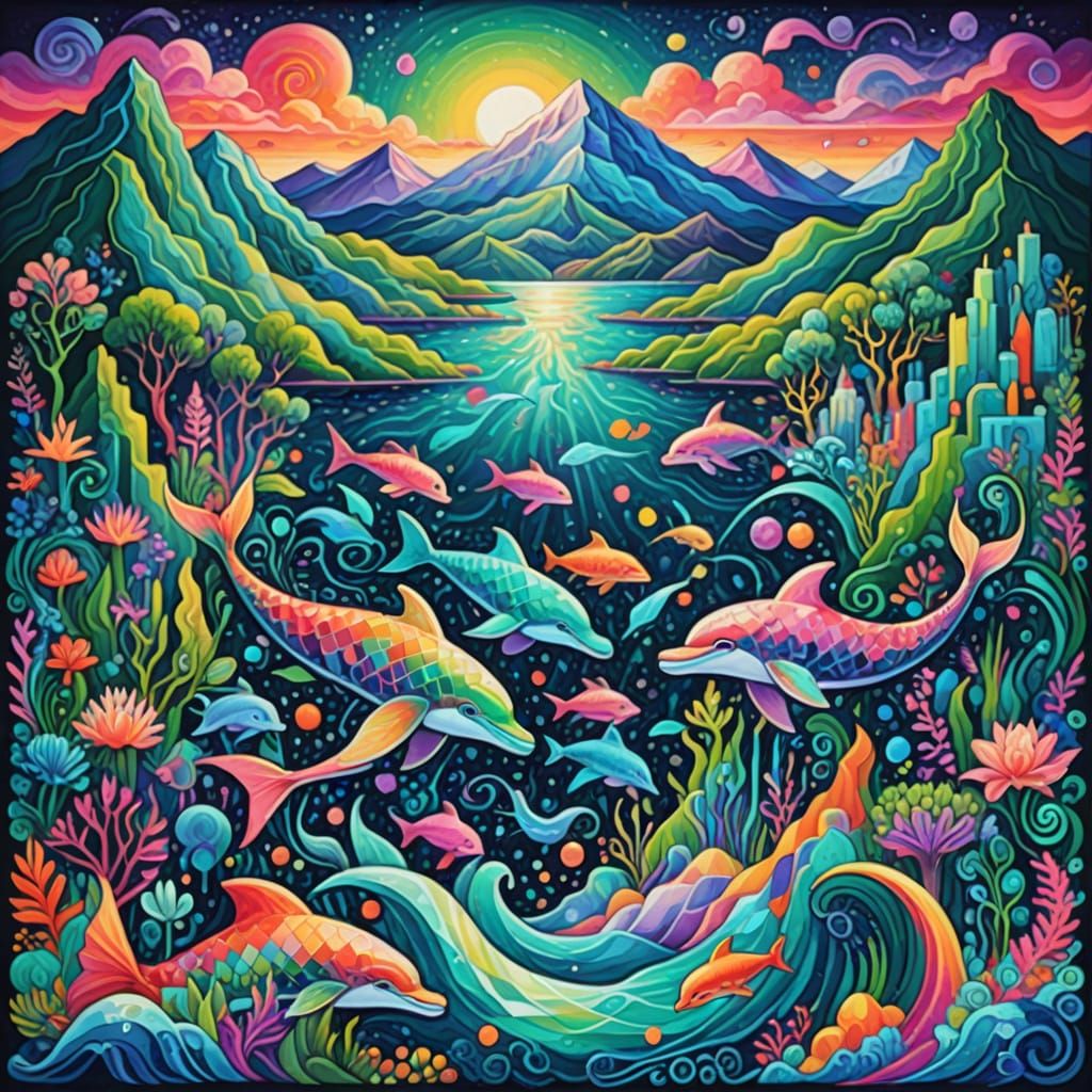 Vibrant Abstract Scene of Dolphins and Mermaids