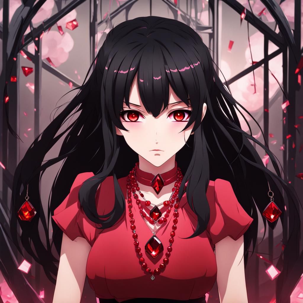 Anime Yandere with Red Eyes and Pink Gem