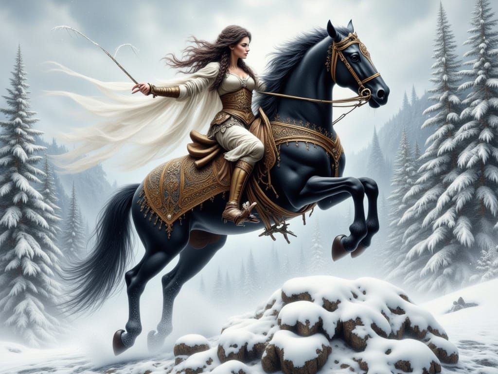 Medieval Woman Leaps Horse Over Icy Obstacle